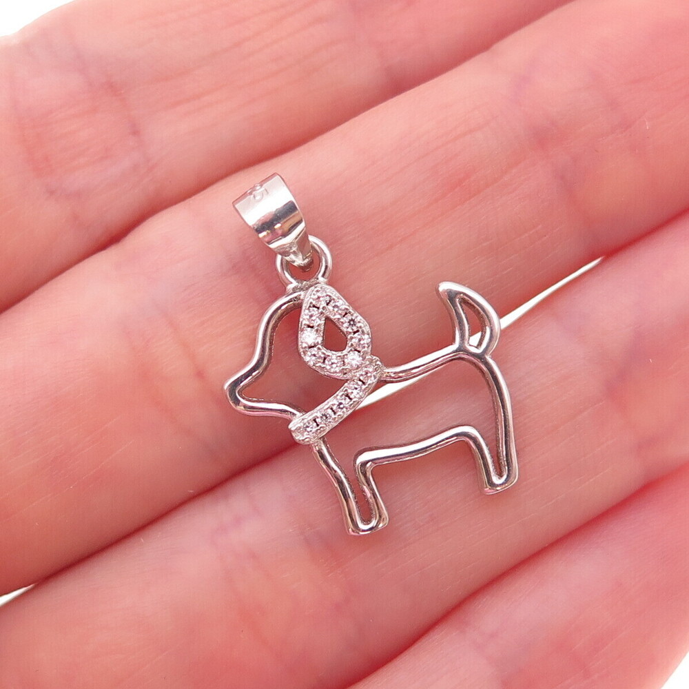 925 Sterling Silver Round-Cut C Z Dog Charm Pendant